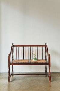 a wooden bench with a plant on it